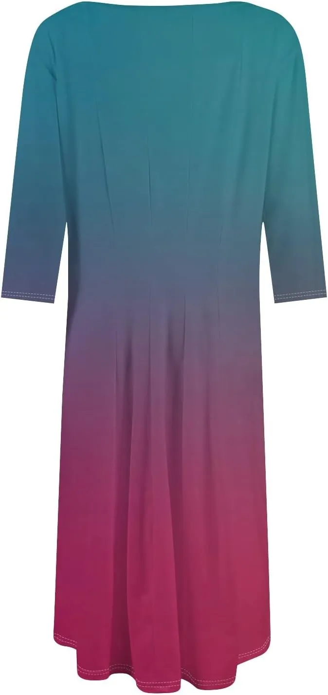 3/4 Sleeve Dresses for Women 2025 Spring Round Neck Pleated Church Dress with Pockets