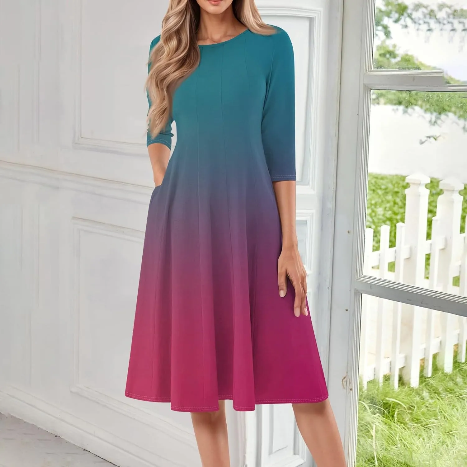3/4 Sleeve Dresses for Women 2025 Spring Round Neck Pleated Church Dress with Pockets