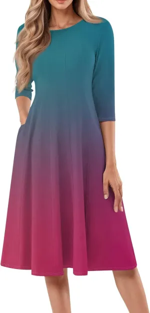 3/4 Sleeve Dresses for Women 2025 Spring Round Neck Pleated Church Dress with Pockets