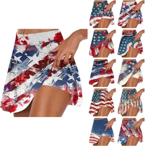 4th of July Skort Patriotic Skirts for Women American Flag Tennis Skirts with Shorts High Waisted Flowy Summer Skorts