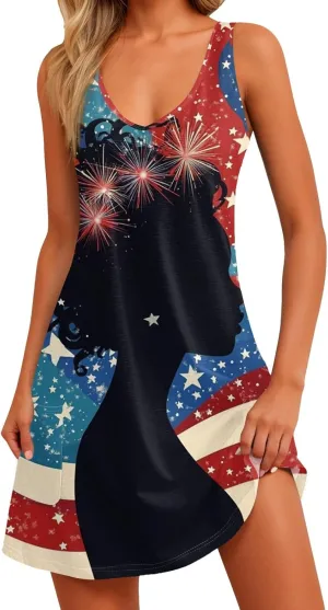 4th of July Womens Summer Dresses 2025 Loose V Neck Sleeveless Sexy Sundresses A Line Coverup with Pockets