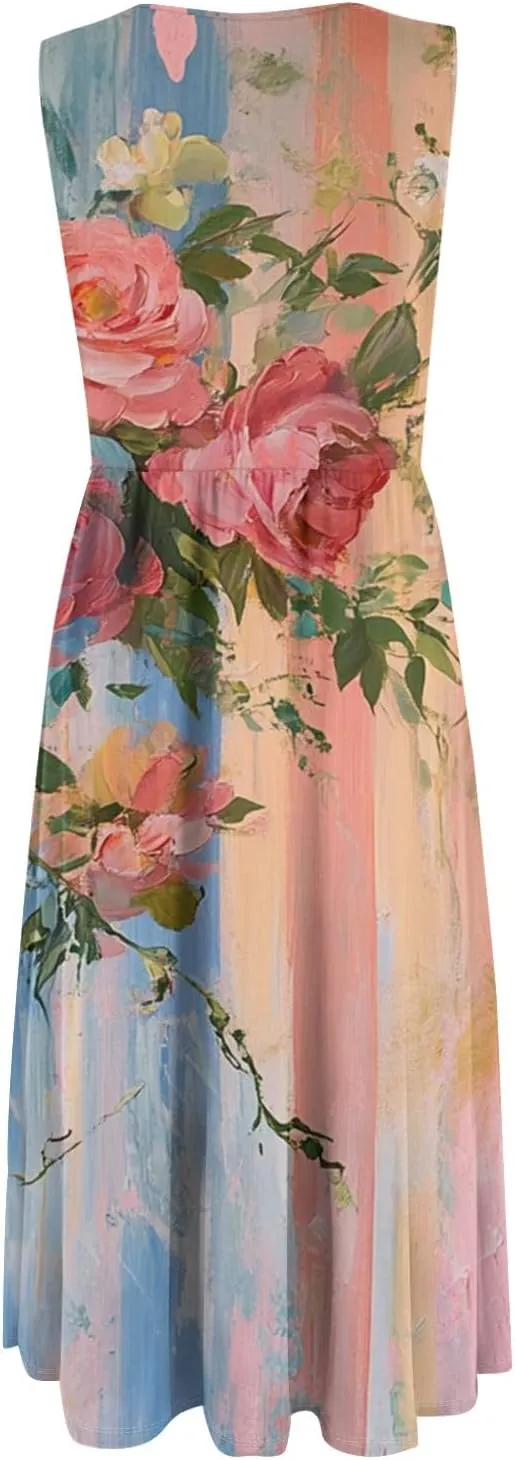 ADHOWBEW Summer Dresses for Women 2025 Plus Size Sleeveless Casual Sexy Round Neck Flowy Vacation Dresses