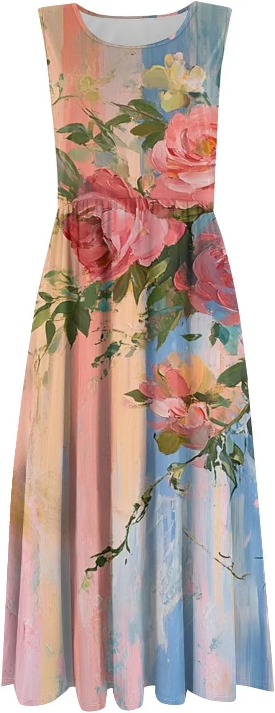 ADHOWBEW Summer Dresses for Women 2025 Plus Size Sleeveless Casual Sexy Round Neck Flowy Vacation Dresses