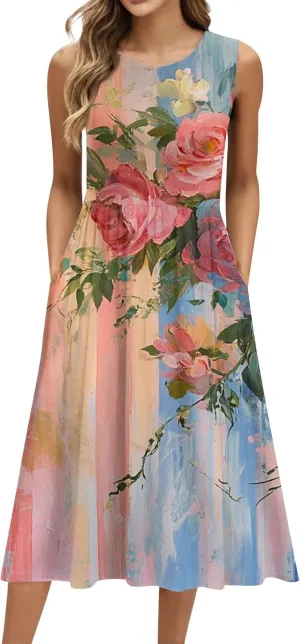 ADHOWBEW Summer Dresses for Women 2025 Plus Size Sleeveless Casual Sexy Round Neck Flowy Vacation Dresses