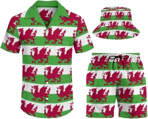 Adugen Origei Summer Combo Men's Two Piece Matching Sets Jamaica Fisherman's Hat Beach Suit Button-Up Shirt Hawaiian Shirt