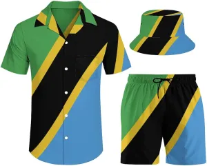 Adugen Origei Summer Combo Men's Two Piece Matching Sets Jamaica Fisherman's Hat Beach Suit Button-Up Shirt Hawaiian Shirt