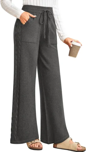 Arach&Cloz Womens 2025 Spring Sweater Pants Wide Leg Elastic High Waist Cute Casual Flowy Lounge Winter Knit Trousers Pockets