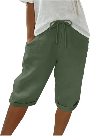 Aryapyper Linen Shorts for Women Knee Length Drawstring Elastic Waist Summer Casual Gym Bermuda Short with Pockets