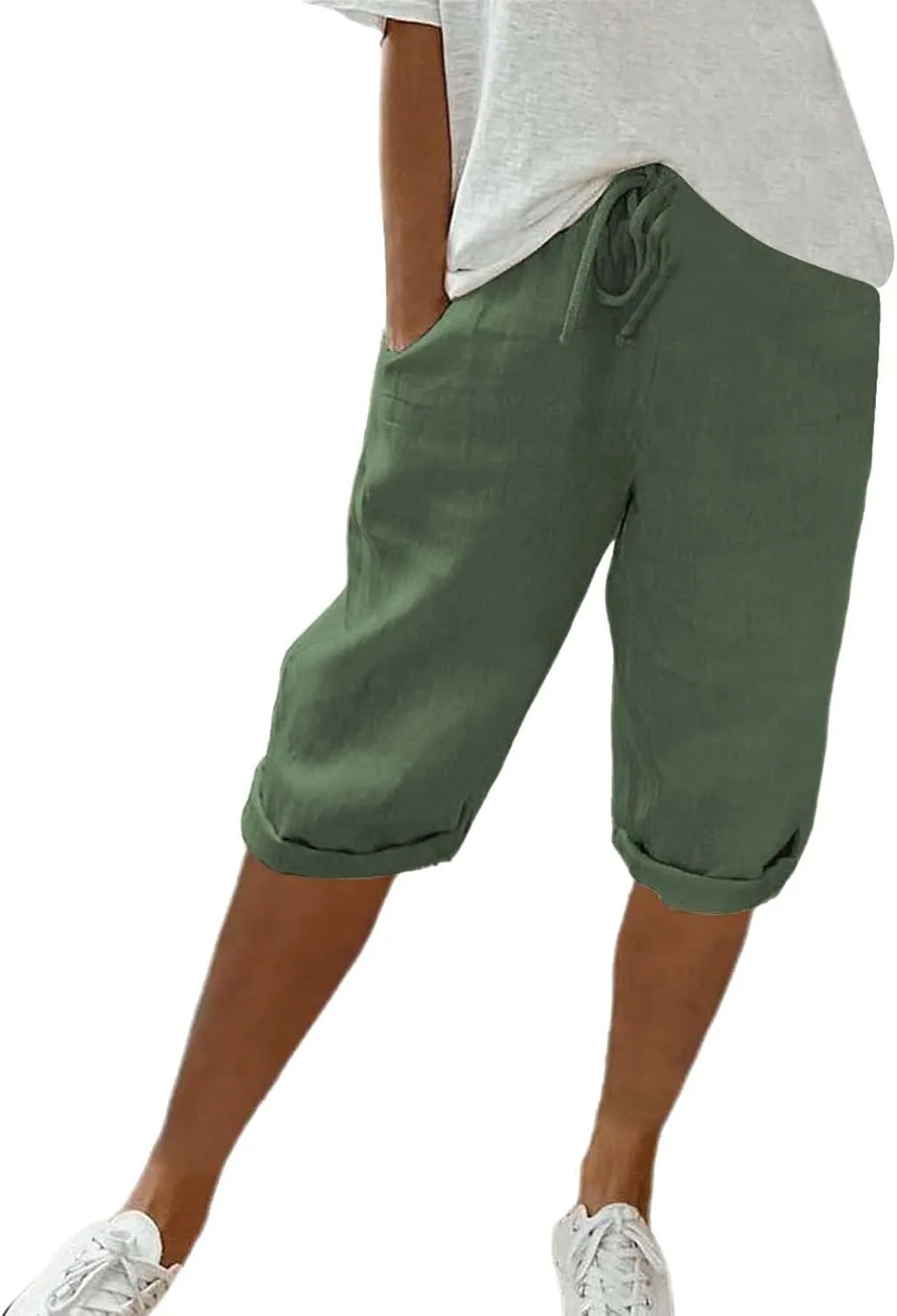 Aryapyper Linen Shorts for Women Knee Length Drawstring Elastic Waist Summer Casual Gym Bermuda Short with Pockets
