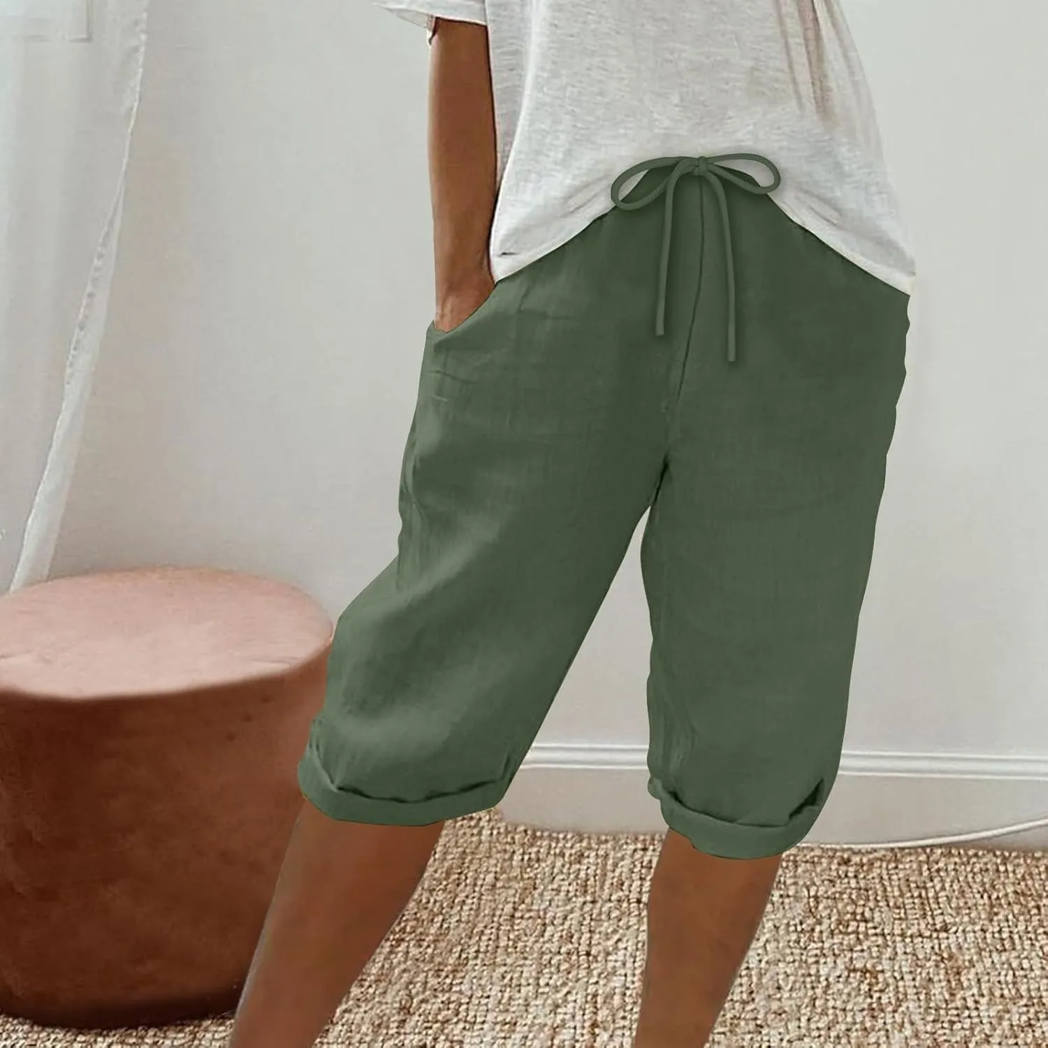 Aryapyper Linen Shorts for Women Knee Length Drawstring Elastic Waist Summer Casual Gym Bermuda Short with Pockets