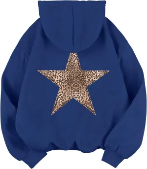 Baonmy Star Graphic Hoodies Y2k Leopard Print Oversized Fleece Hoodie Long Sleeve Pullover Sweatshirt for Women Streetwear