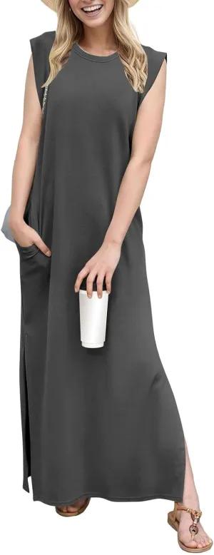 BAXLIMEK Maxi Dresses for Women,2025 Spring Summer Casual Loose Crewneck Cap Sleeve Sundress,Trendy Slit Flowy Beach Dress