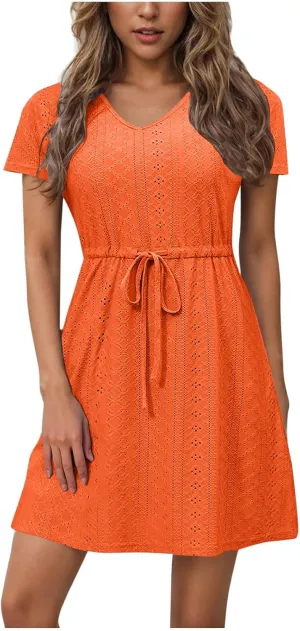 Beach Dresses for Women 2025 Summer Drawstring Waist Casual Eyelet Dress A-Line Flowy Split Hem Vacation Mini Dress