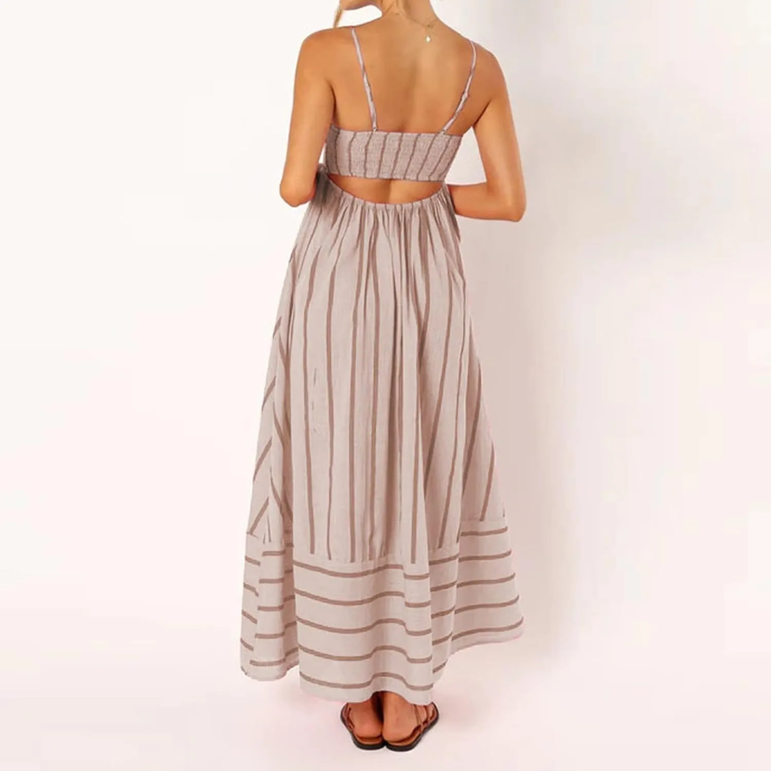 Beach Dresses for Women Summer Striped Back Smocked Maxi Dress Spaghetti Strap Cut Out Flowy A Line Long Sundresses
