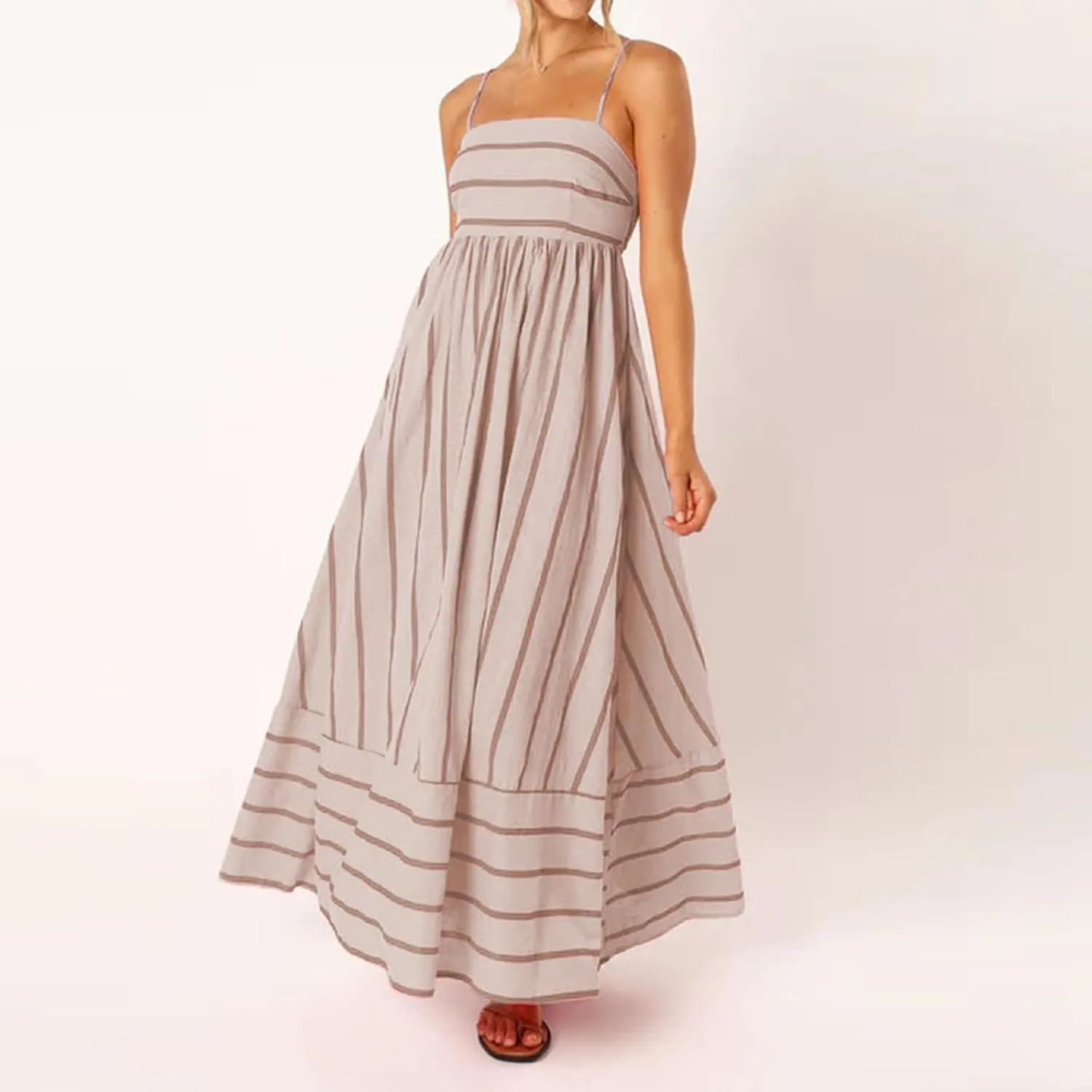 Beach Dresses for Women Summer Striped Back Smocked Maxi Dress Spaghetti Strap Cut Out Flowy A Line Long Sundresses