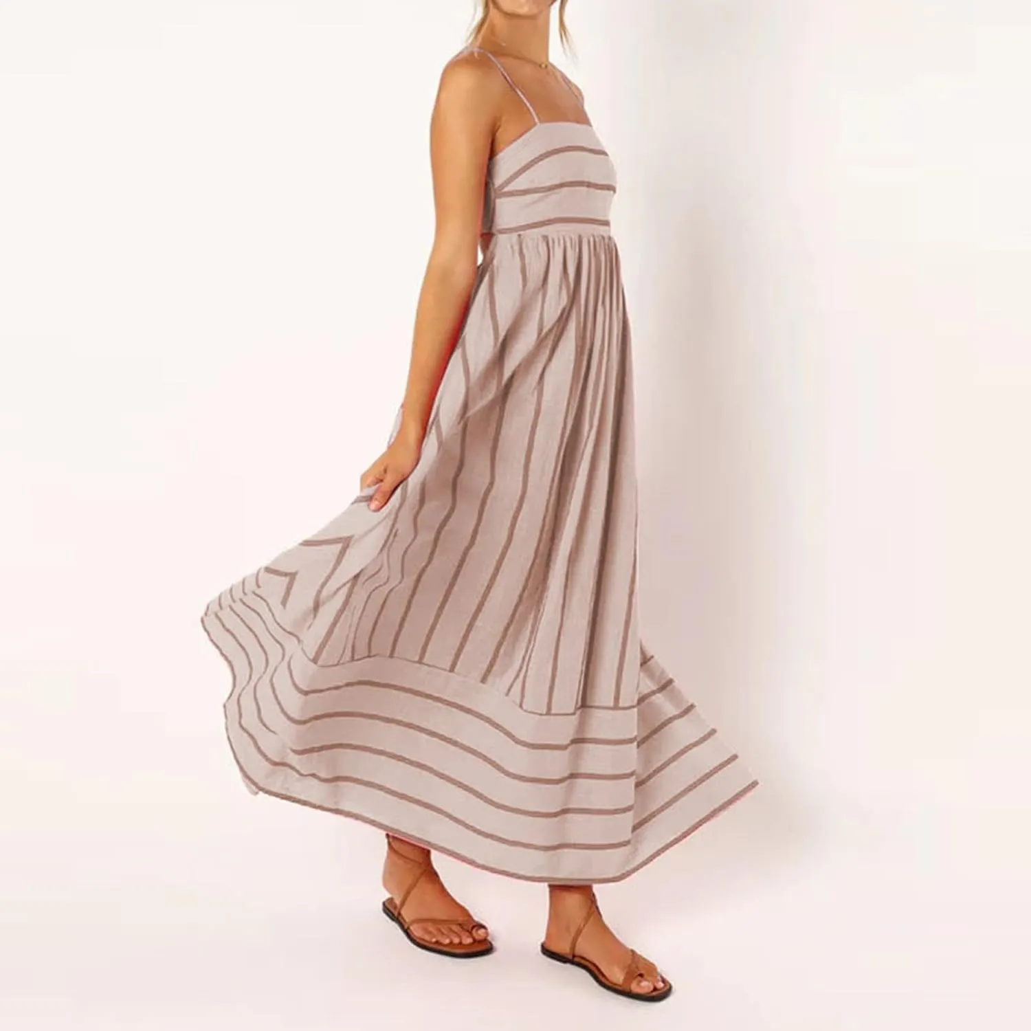 Beach Dresses for Women Summer Striped Back Smocked Maxi Dress Spaghetti Strap Cut Out Flowy A Line Long Sundresses