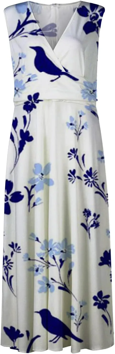 Beach Dresses for Women Summer Trendy Elegant V Neck Wrap Floral Boho Dress Flowy Ruched Maxi Dress