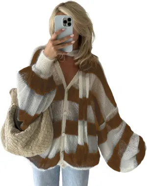 Bell Sleeves Striped Cardigans Trendy Y2k Outerwear Cute Sweater Cardigan Coquette Oversized Knit Scarf Cardigans