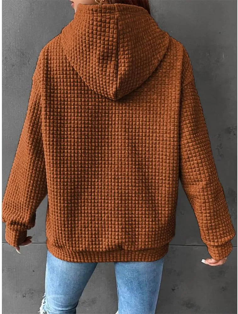 Bengbobar Womens Waffle Knit Hoodie Rugby 3D Print Pullover Sweatshirt Long Sleeve Baggy Hooded Tops Fall Winter Pullovers