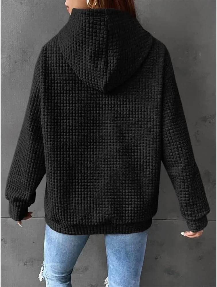 Bengbobar Womens Waffle Knit Hoodie Rugby 3D Print Pullover Sweatshirt Long Sleeve Baggy Hooded Tops Fall Winter Pullovers