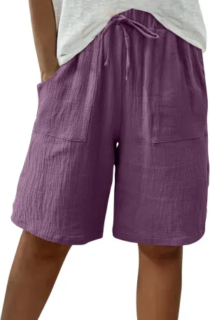 Bermuda Shorts for Women Knee Length Elastic Waist Drawstring Loose Wide Leg Shorts Summer Casual Beach Clothes 2025
