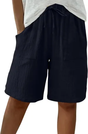 Bermuda Shorts for Women Knee Length Elastic Waist Drawstring Loose Wide Leg Shorts Summer Casual Beach Clothes 2025