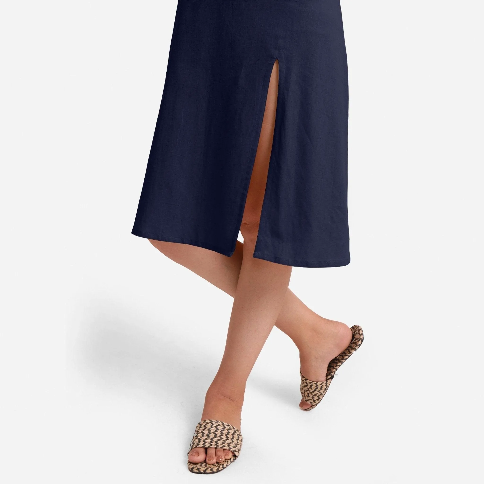 Blue Strappy Cotton Flax Knee Length Slit Dress