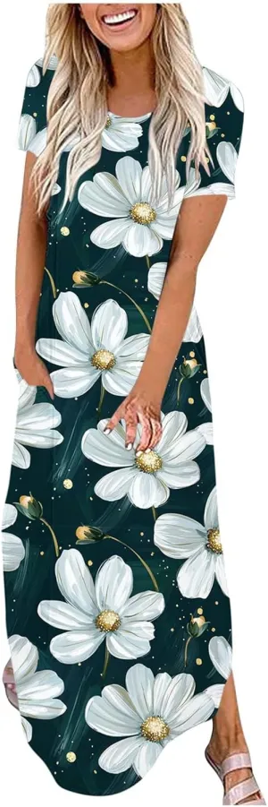 Boho Dresses for Women 2025 Summer Crew Neck Short Sleeve Maxi Dress Vintage Floral Print Beach Dress with Pockets