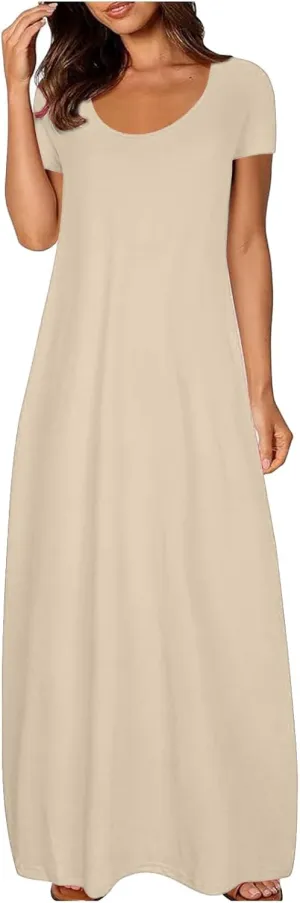 Boho Dresses for Women 2025 Summer Maxi Y2k Solid Color Long Dress Short Sleeve V Neck Flowy Beach Sundress