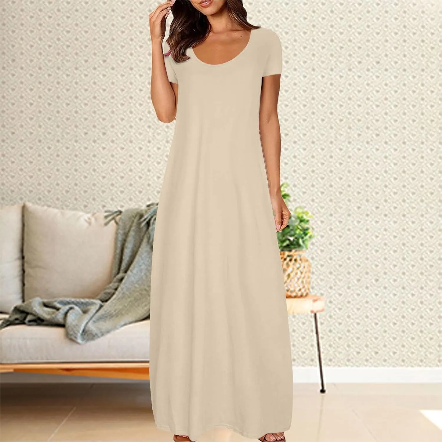 Boho Dresses for Women 2025 Summer Maxi Y2k Solid Color Long Dress Short Sleeve V Neck Flowy Beach Sundress