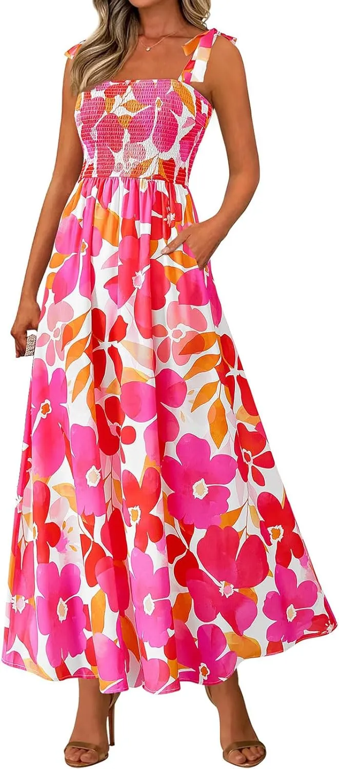Boho Dresses for Women 2025 Summer Sleeveless Spaghetti Strap Maxi Dress Smocked Flowy Floral Dress Beach Sundress