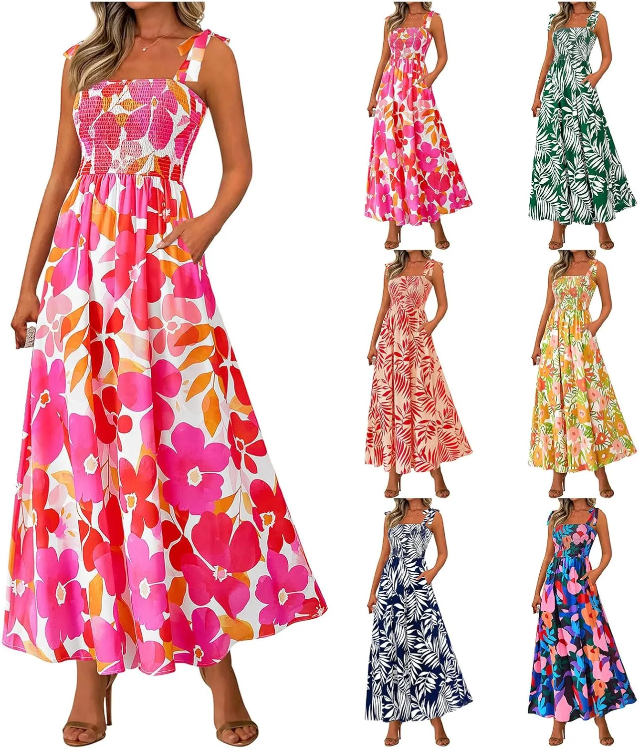 Boho Dresses for Women 2025 Summer Sleeveless Spaghetti Strap Maxi Dress Smocked Flowy Floral Dress Beach Sundress