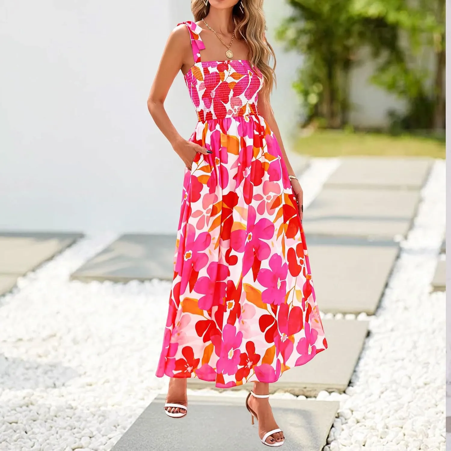 Boho Dresses for Women 2025 Summer Sleeveless Spaghetti Strap Maxi Dress Smocked Flowy Floral Dress Beach Sundress