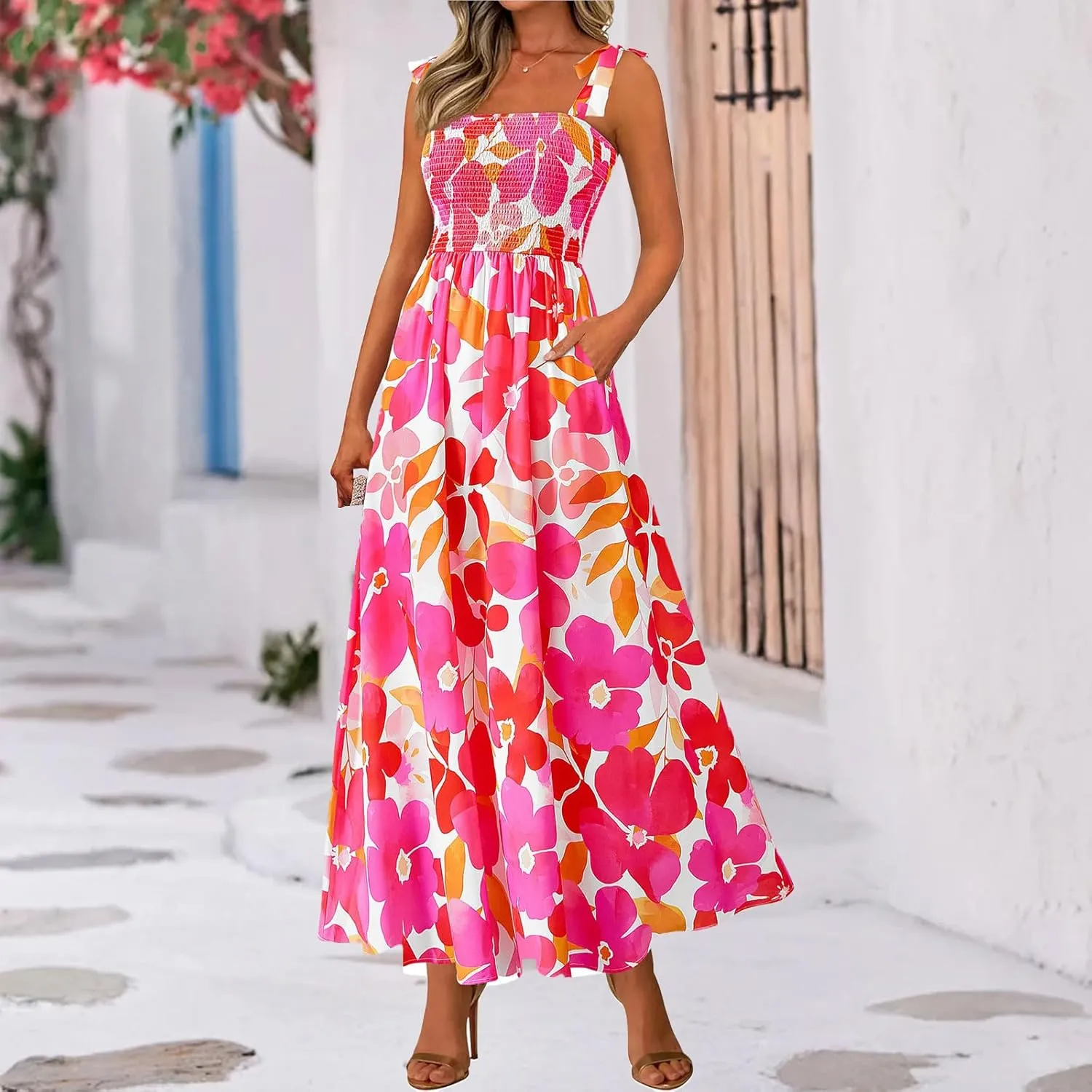 Boho Dresses for Women 2025 Summer Sleeveless Spaghetti Strap Maxi Dress Smocked Flowy Floral Dress Beach Sundress