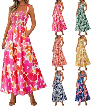 Boho Dresses for Women 2025 Summer Sleeveless Spaghetti Strap Maxi Dress Smocked Flowy Floral Dress Beach Sundress