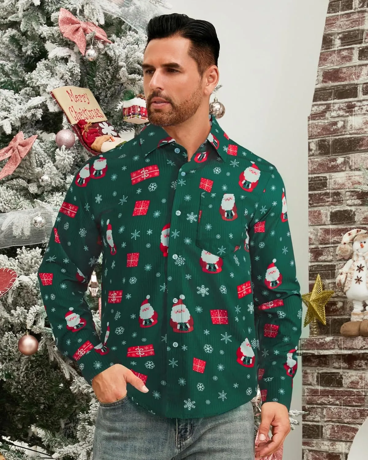 BOJIN Men's Christmas Wrinkle-Free Dress Stretch Long Sleeve Casual Button Down Shirts with Pocket