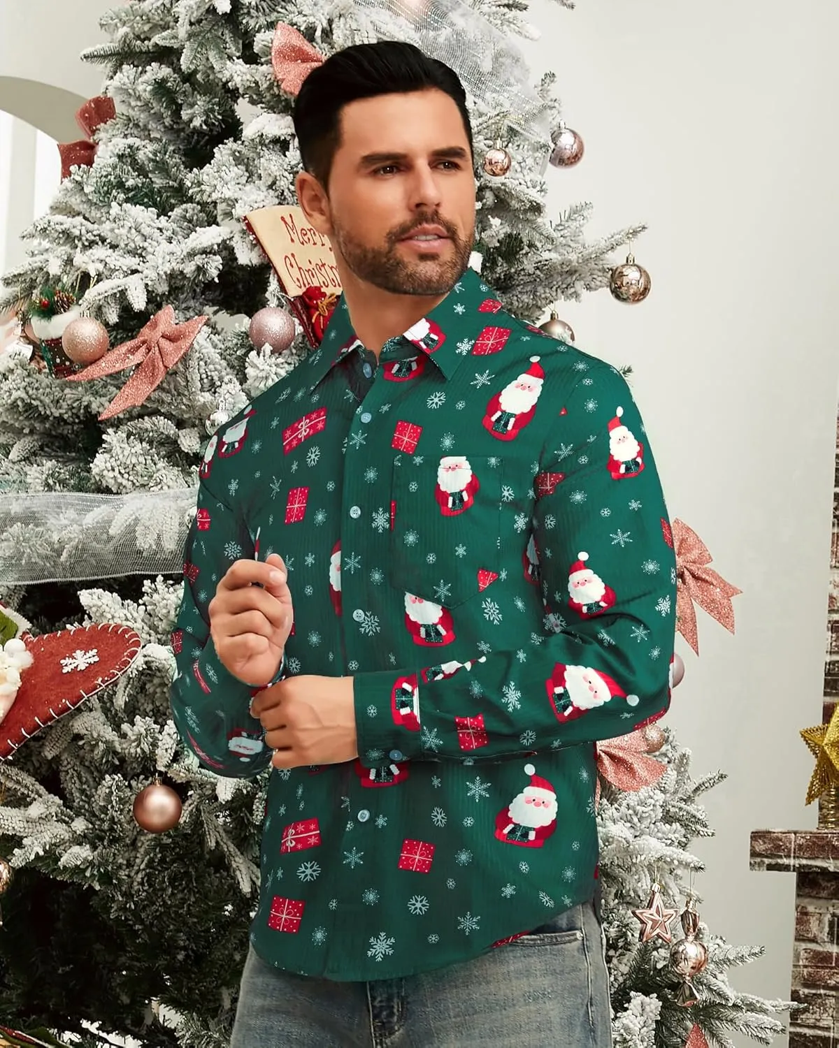 BOJIN Men's Christmas Wrinkle-Free Dress Stretch Long Sleeve Casual Button Down Shirts with Pocket