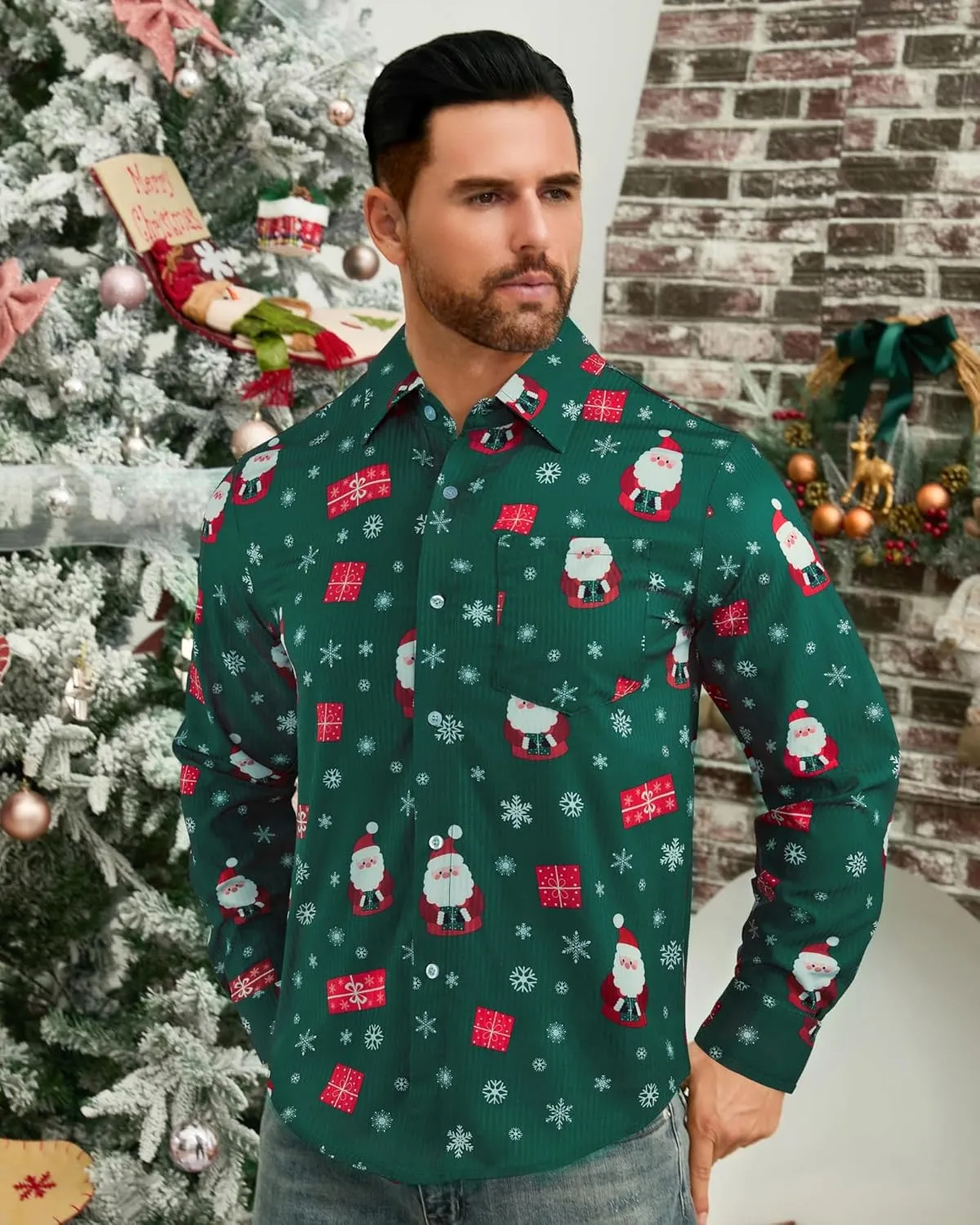 BOJIN Men's Christmas Wrinkle-Free Dress Stretch Long Sleeve Casual Button Down Shirts with Pocket