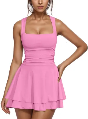 Borniu Women's Square Neck Ruffle Hem Mini Dress Ruched Waist Short Party Summer Casual Sleeveless Dresses Flowy Outfits