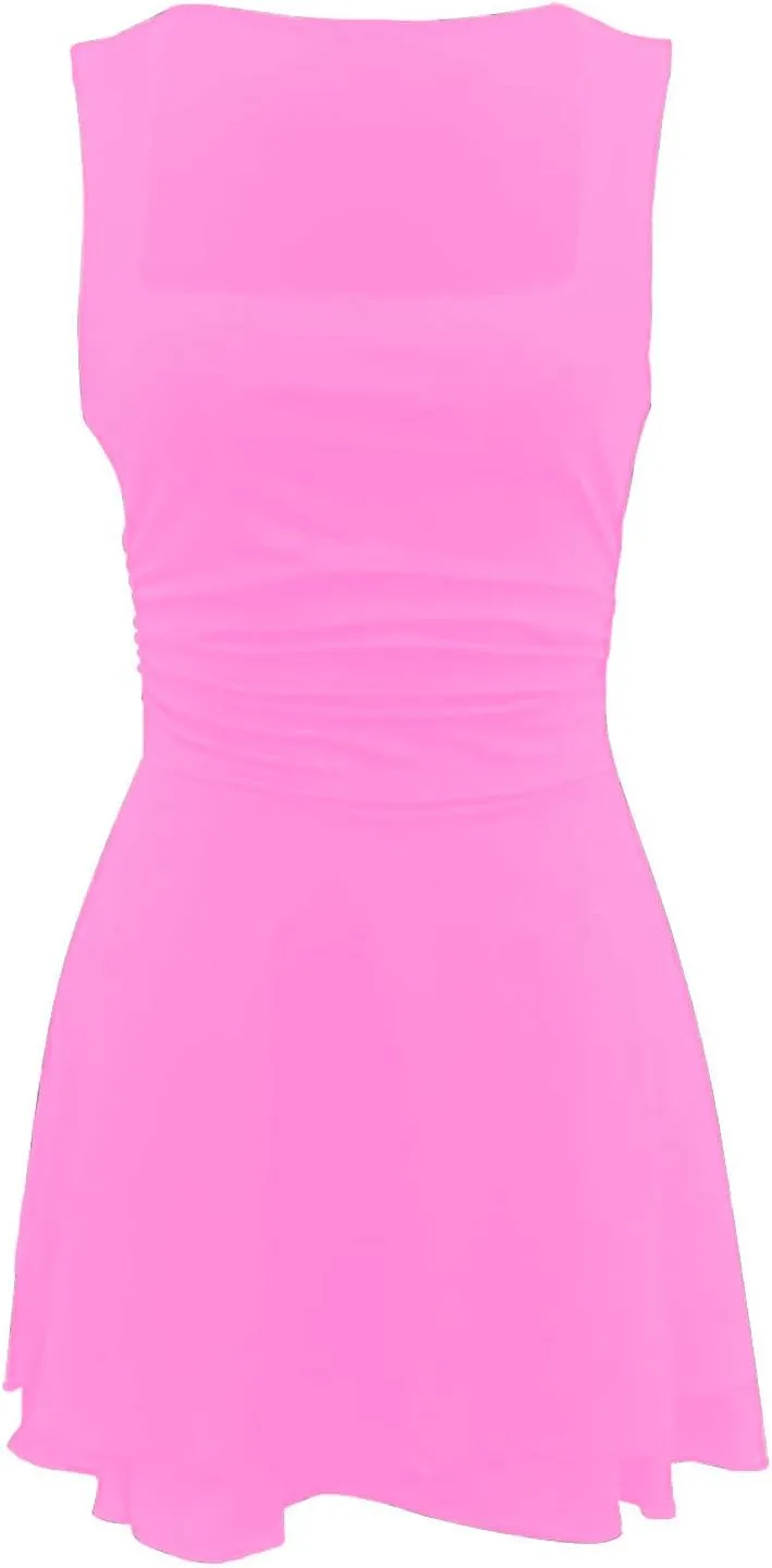 Borniu Women's Square Neck Ruffle Hem Mini Dress Ruched Waist Short Party Summer Casual Sleeveless Dresses Flowy Outfits