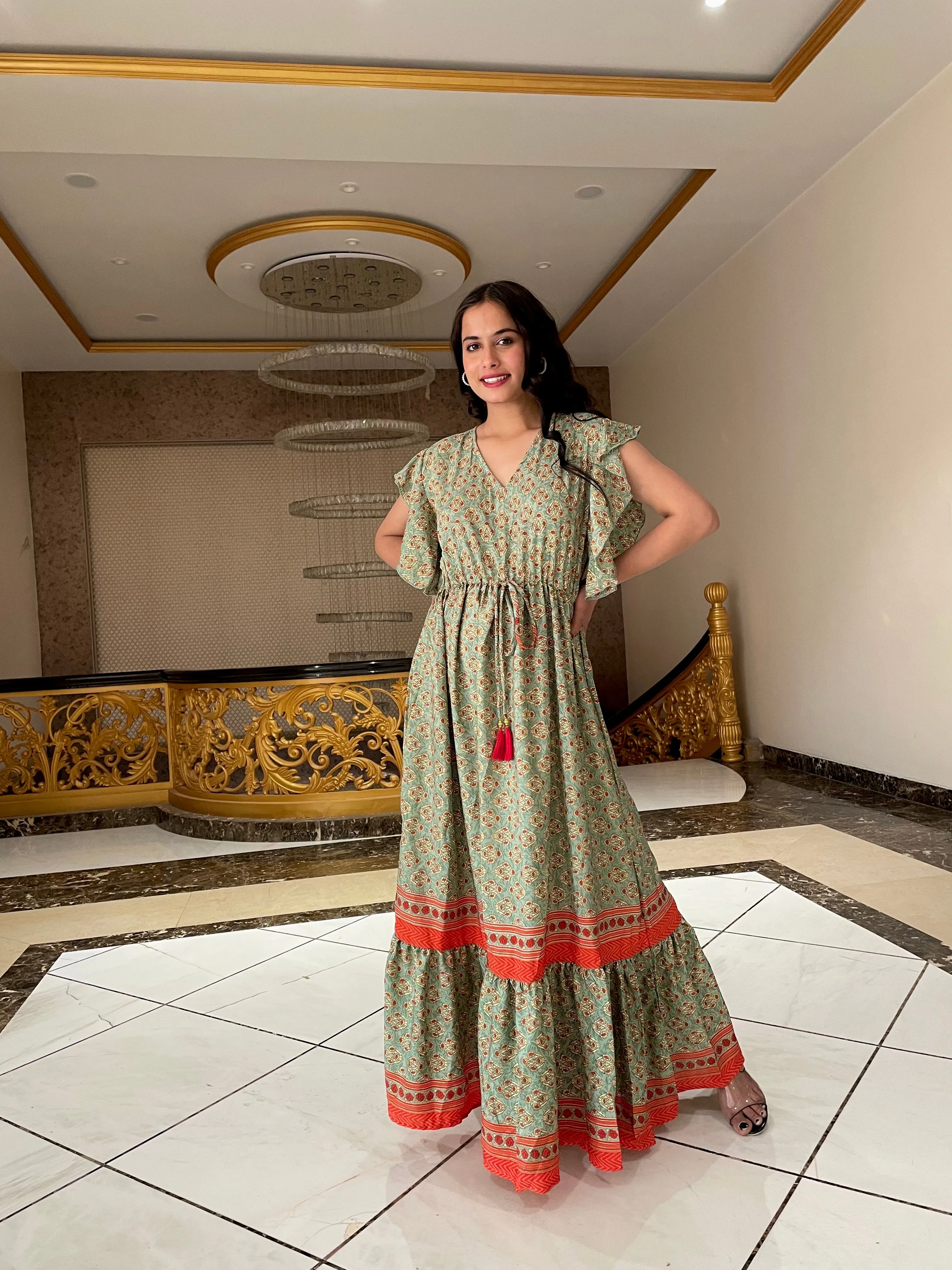 Butterfly Sleeves contrasting border maxi dress