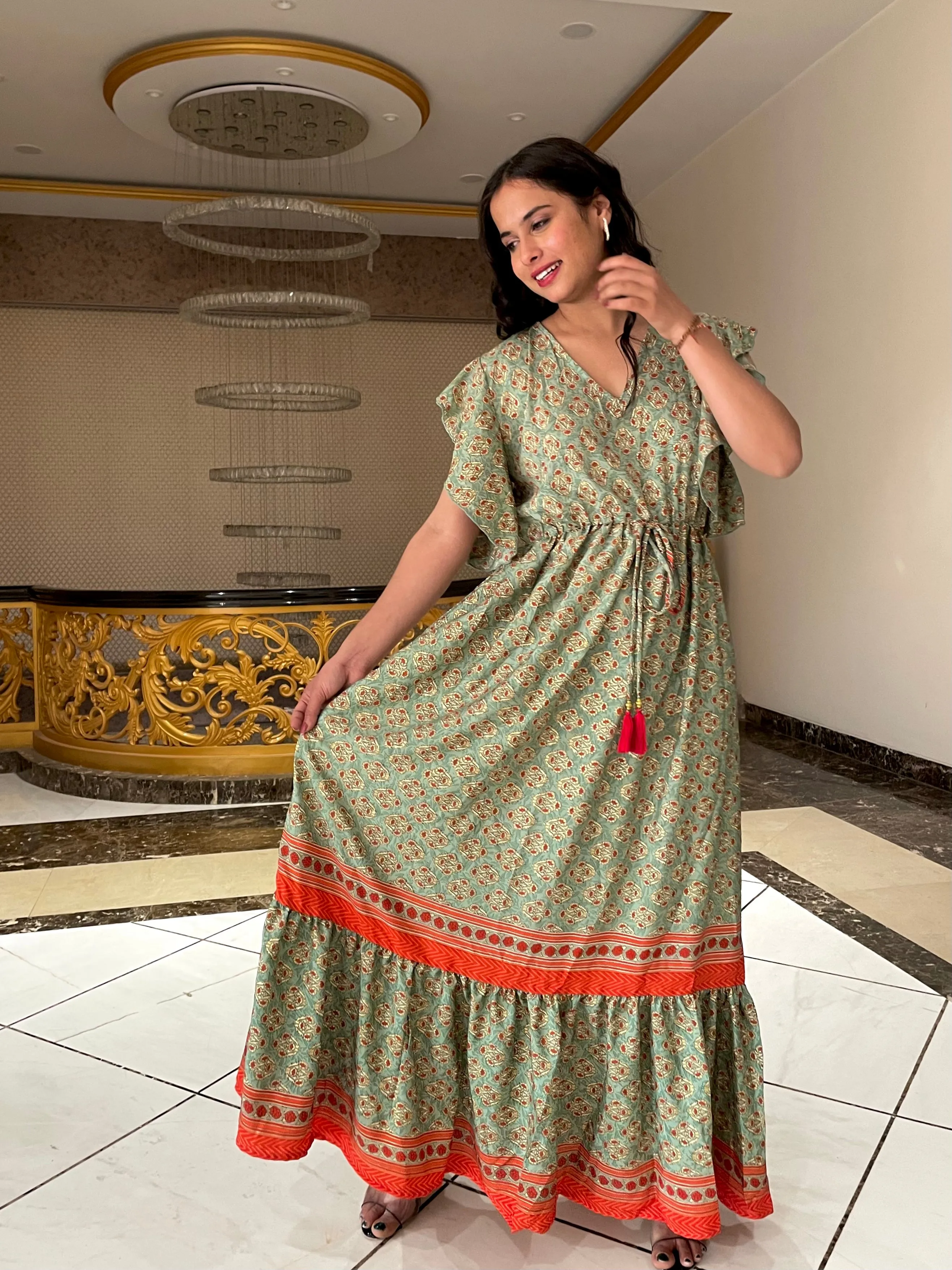 Butterfly Sleeves contrasting border maxi dress