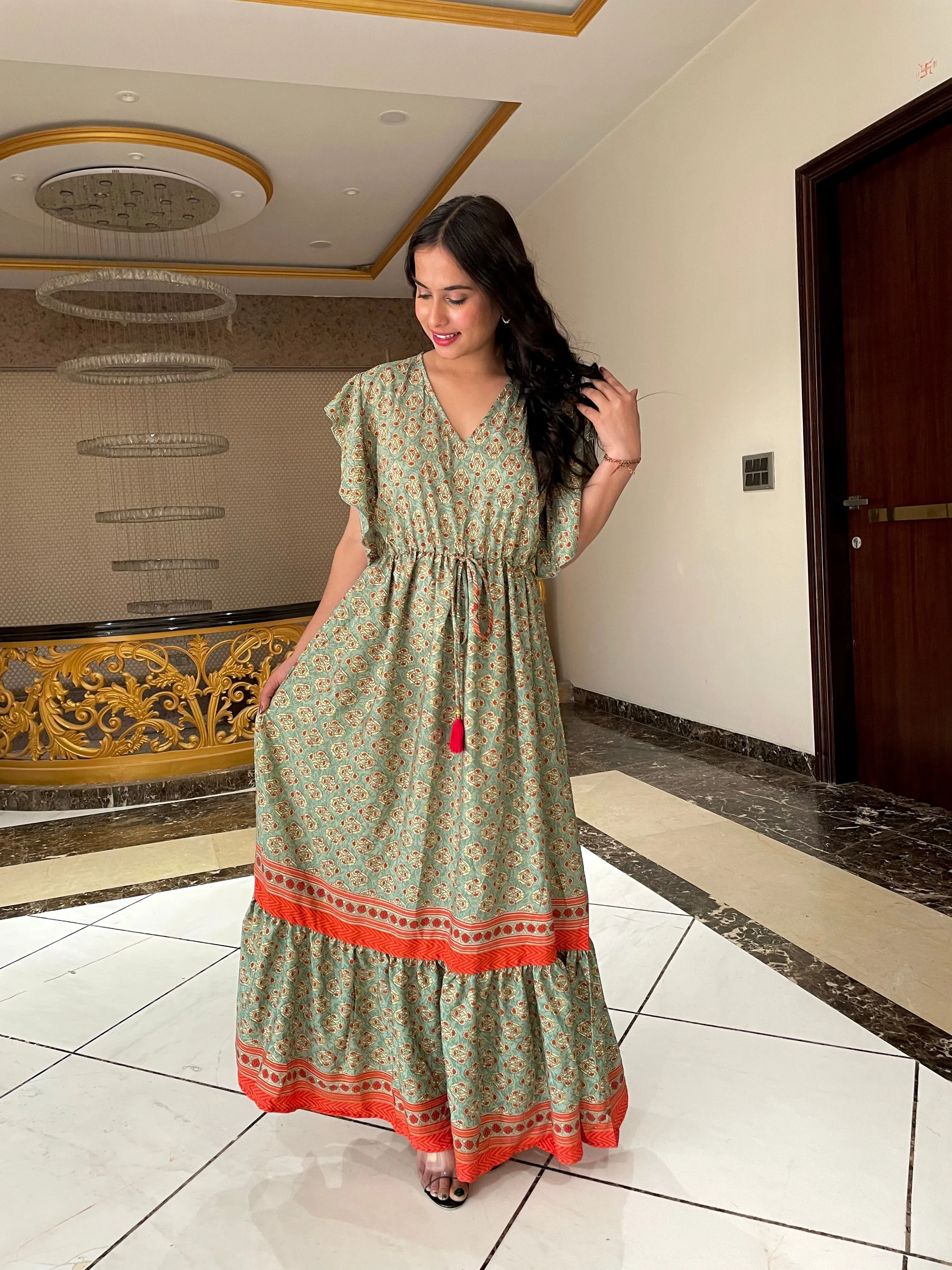 Butterfly Sleeves contrasting border maxi dress