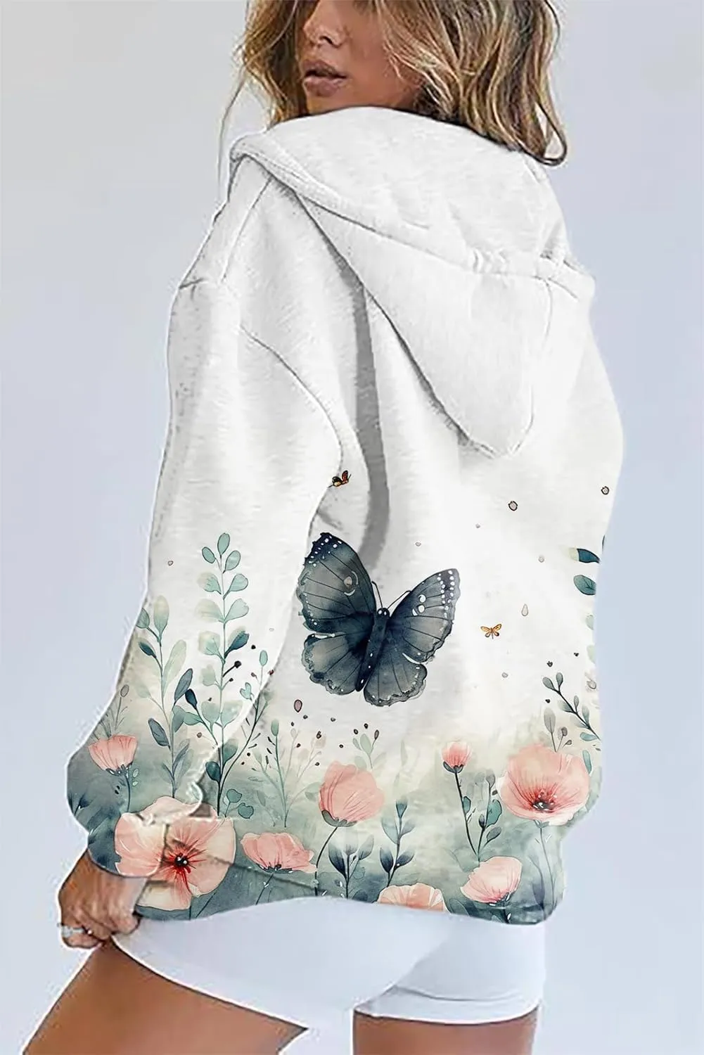 Butterfly Zip up Hoodie Women Oversized Trendy Graphic Zipper Hooded Sweatshirt Casual Fall Y2k Long Sleeve Drawstring Coats