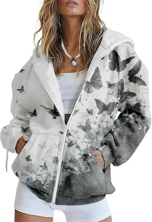 Butterfly Zip up Hoodie Women Oversized Trendy Graphic Zipper Hooded Sweatshirt Casual Fall Y2k Long Sleeve Drawstring Coats