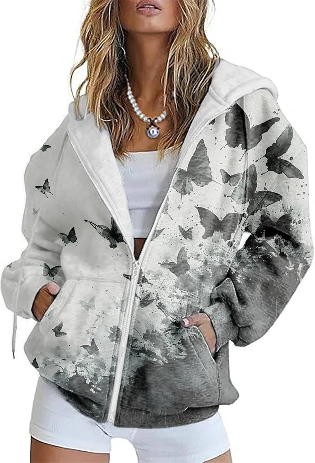 Butterfly Zip up Hoodie Women Oversized Trendy Graphic Zipper Hooded Sweatshirt Casual Fall Y2k Long Sleeve Drawstring Coats