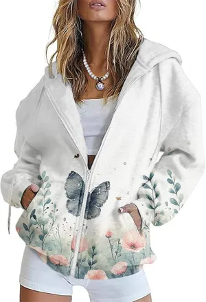 Butterfly Zip up Hoodie Women Oversized Trendy Graphic Zipper Hooded Sweatshirt Casual Fall Y2k Long Sleeve Drawstring Coats