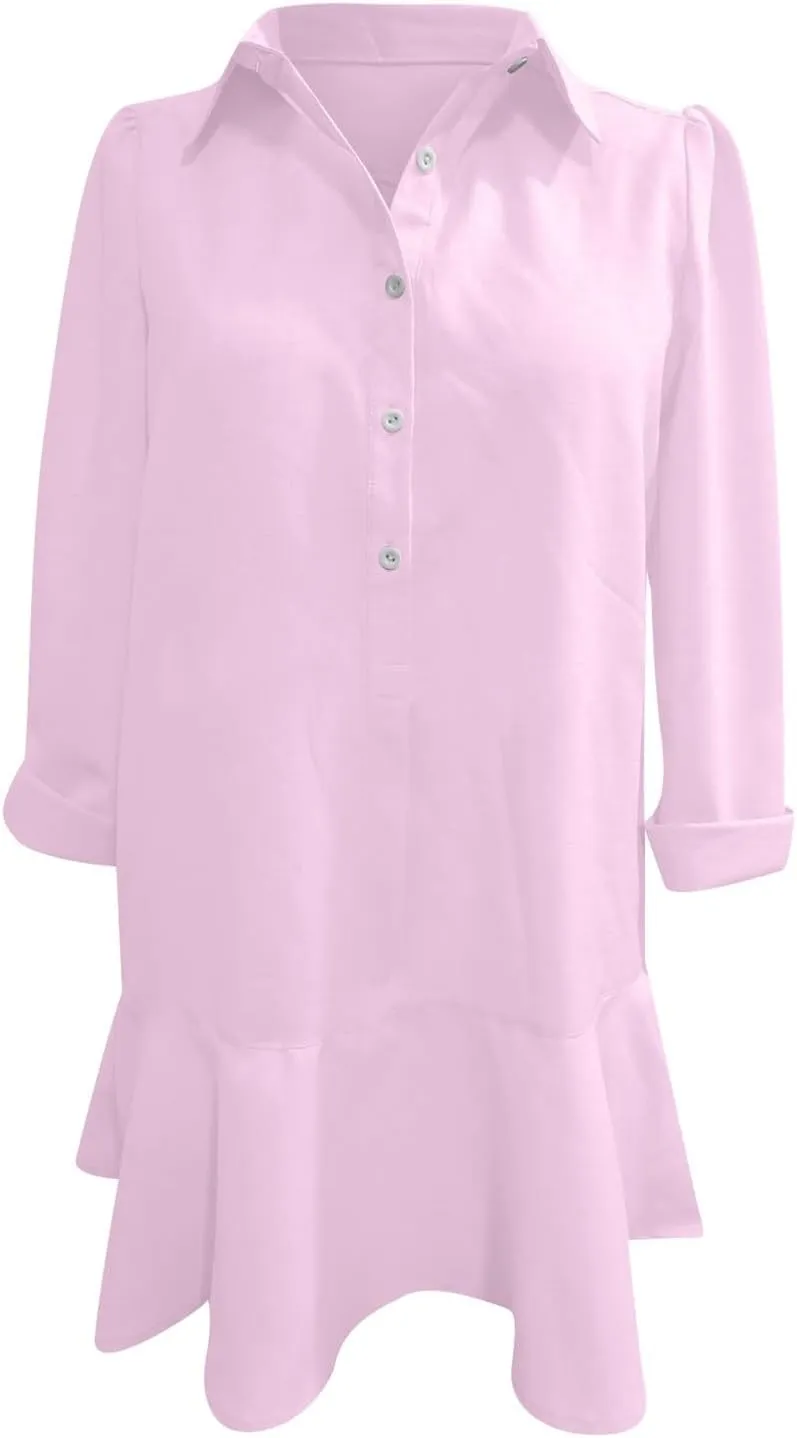 Button Down Shirt Dresses For Women 2025 Ruffle Flowy Casual Tunic Knee Length Mini Dresses Roll Up Sleeve Sundress