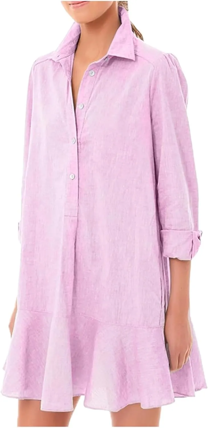 Button Down Shirt Dresses For Women 2025 Ruffle Flowy Casual Tunic Knee Length Mini Dresses Roll Up Sleeve Sundress