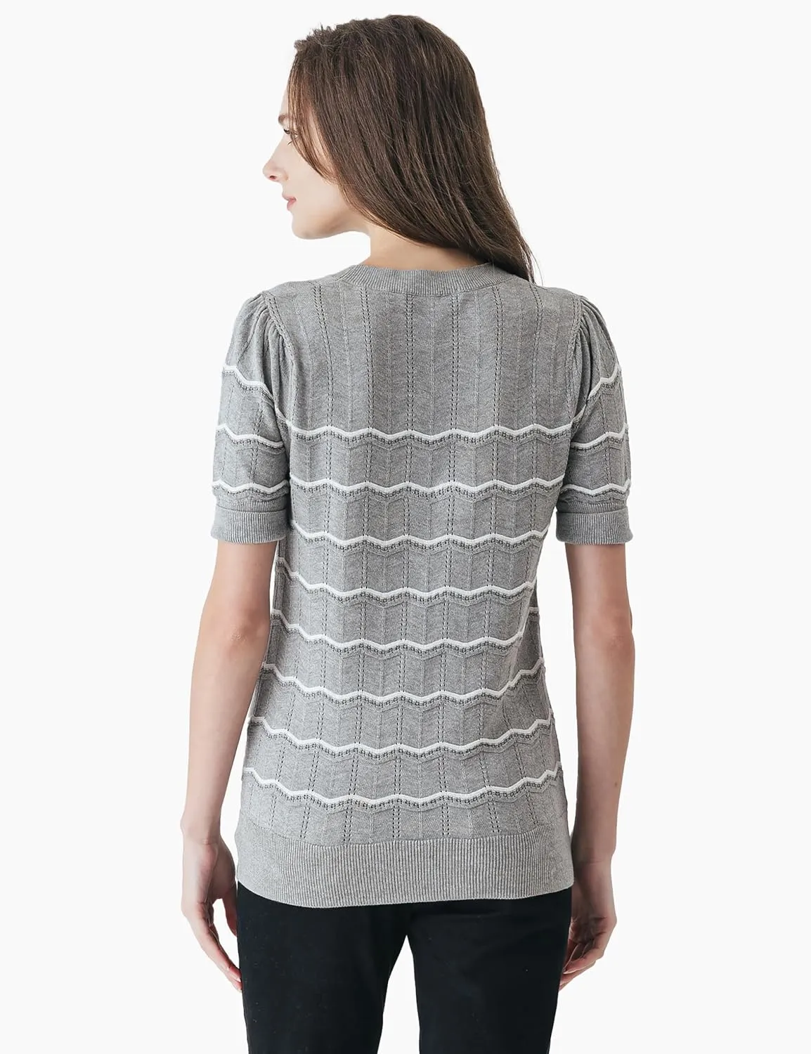 Cable Stitch Women's Chevron Stitch Short Sleeve Sweater Top - Zig-Zag Crewneck Lightweight Soft Knit